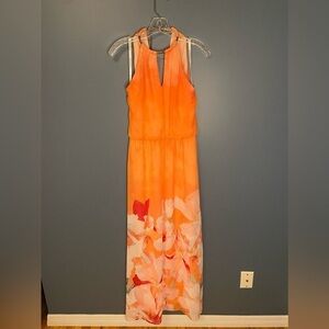 BISOU BISOU MICHELE BOHBOT HALTER KEYHOLE NECKLINE ORANGE FLORAL MAXI DRESS sz 4
